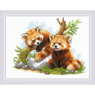 A cross-stitch design of two playful red panda cubs, one sitting on the grass and the other climbing a tree branch, surrounded by greenery and rocks.
