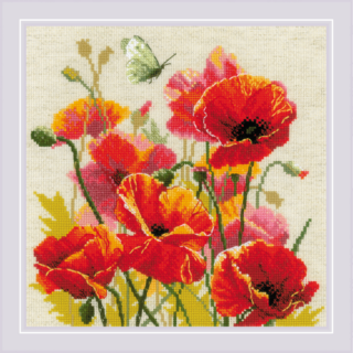 A cross-stitch design of bright red and orange poppies with a soft green butterfly fluttering above, set against a neutral background.