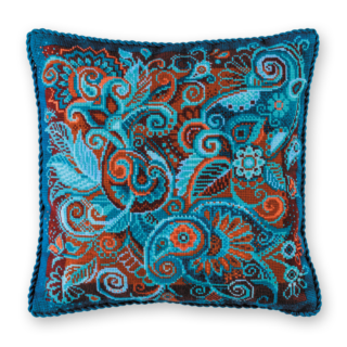 Intricate cross-stitched cushion cover with Persian-inspired floral and swirl patterns in rich blue, turquoise, and rust tones.