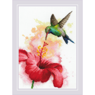 Cross-stitch design of a vibrant green hummingbird hovering near a large red hibiscus flower on a watercolor-style background.