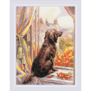 A cross-stitch design of a brown dog sitting by an open window, looking outside at colorful autumn trees with fallen leaves on the windowsill.