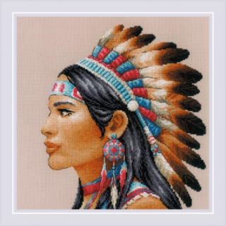 A cross-stitch design of a Native American woman in profile wearing a traditional feathered headdress and colorful beadwork earrings.
