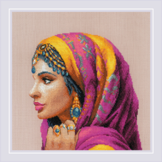 A cross-stitch design of a Middle Eastern woman in a vibrant pink and gold headscarf, adorned with blue and gold jewelry, gazing to the side.