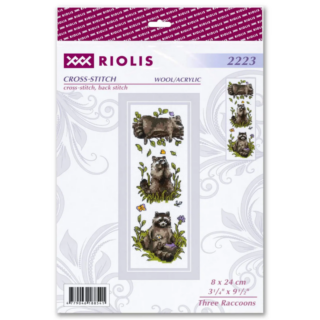 Cross-stitch design showing three playful raccoons in different poses surrounded by greenery, butterflies, and wildflowers.