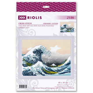 A cross-stitch design inspired by Hokusai’s “The Great Wave off Kanagawa,” featuring dramatic waves, boats, and Mount Fuji in the distance.