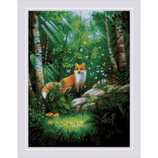 A cross-stitch design of a fox standing on a rock surrounded by lush green forest, wildflowers, and fluttering butterflies in soft sunlight.