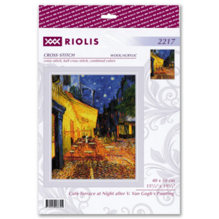A cross-stitch design inspired by Van Gogh’s Café Terrace at Night, depicting a glowing yellow café, cobblestone street, and starry blue night sky.