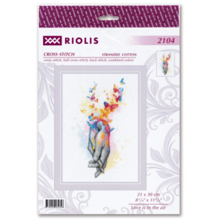Cross-stitch design of two intertwined hands releasing colorful butterflies into the air.