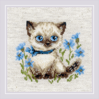 A cross-stitch design of a Siamese kitten with striking blue eyes, wearing a blue ribbon, surrounded by delicate blue flowers.