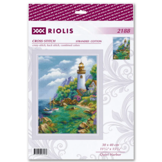 Cross-stitch design of a peaceful seaside harbor with a white lighthouse, sailboats, rocky shoreline, and blooming flowers under a bright sky.
