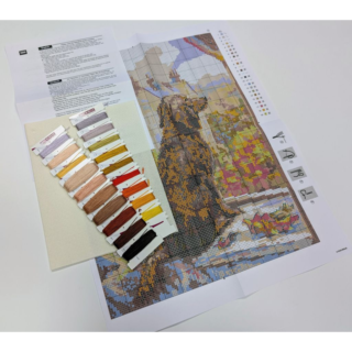 A cross-stitch design of a brown dog sitting by an open window, looking outside at colorful autumn trees with fallen leaves on the windowsill.