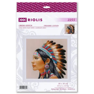 A cross-stitch design of a Native American woman in profile wearing a traditional feathered headdress and colorful beadwork earrings.