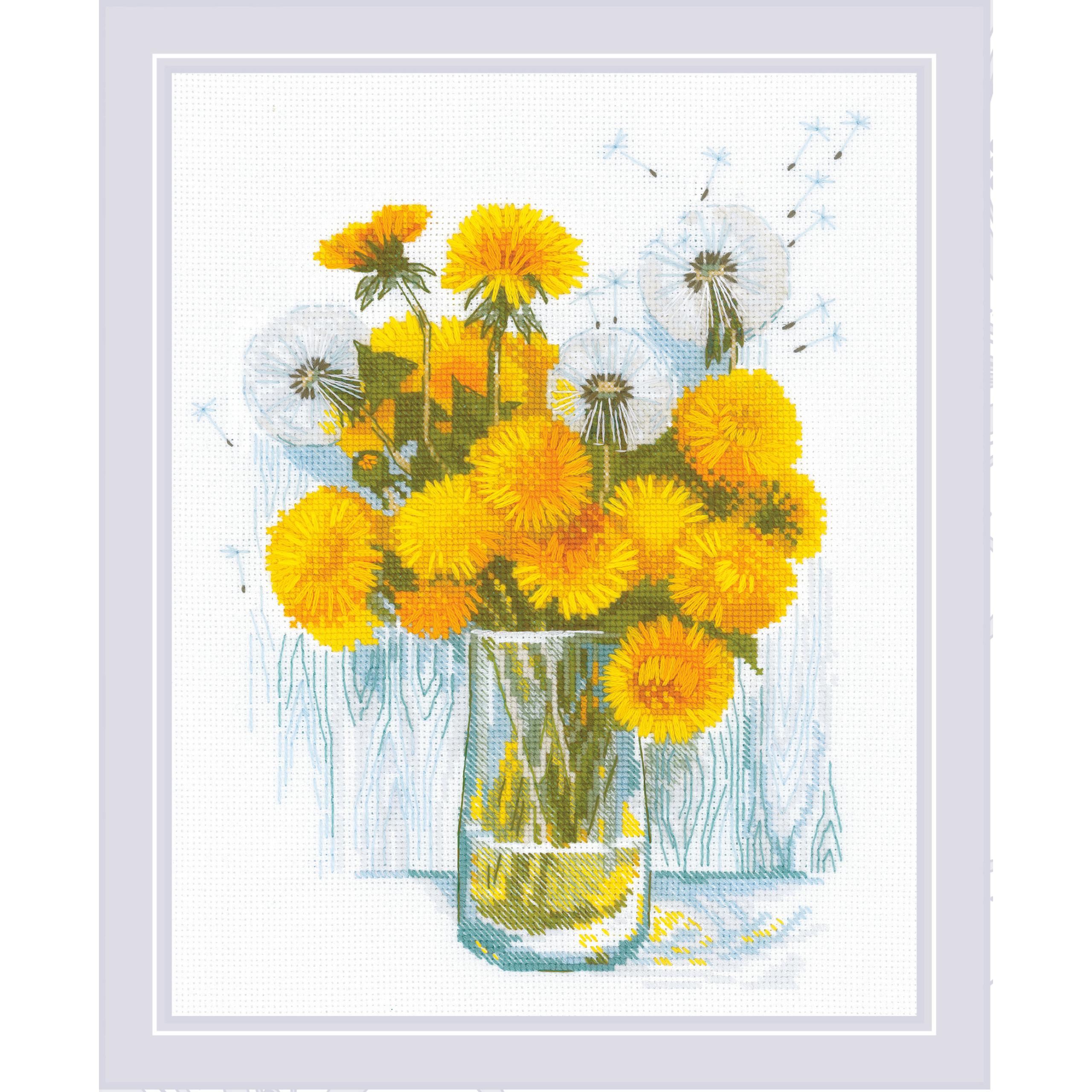 Cross-stitch design featuring a glass vase filled with bright yellow dandelions and fluffy white seed heads on a light background.