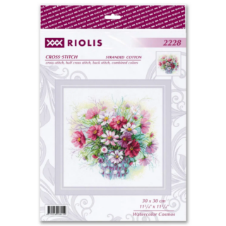 Cross-stitch design showing a bouquet of cosmos flowers in soft pink, white, and purple shades with green leaves, arranged in a watercolor-style vase.