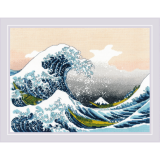 A cross-stitch design inspired by Hokusai’s “The Great Wave off Kanagawa,” featuring dramatic waves, boats, and Mount Fuji in the distance.