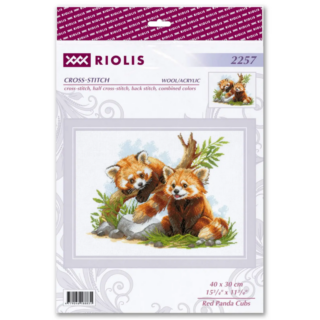 A cross-stitch design of two playful red panda cubs, one sitting on the grass and the other climbing a tree branch, surrounded by greenery and rocks.