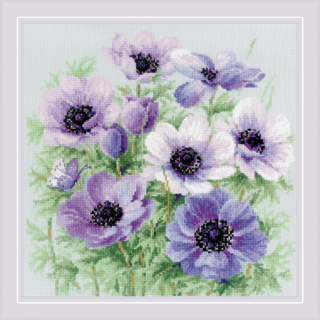 Cross-stitch design of delicate purple and white anemone flowers with a soft green background and a small butterfly.