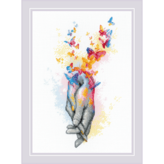 Cross-stitch design of two intertwined hands releasing colorful butterflies into the air.