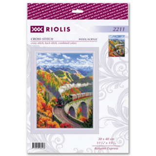 A cross-stitch design of a vintage steam train traveling over a tall stone bridge surrounded by colorful autumn trees and mountain scenery.