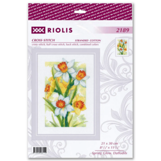 Cross-stitch design of blooming yellow and white daffodils with orange centers surrounded by lush green leaves.