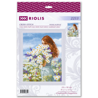 A cross-stitch design of a red-haired woman standing in a sunny meadow, holding a large bouquet of daisies and purple wildflowers.