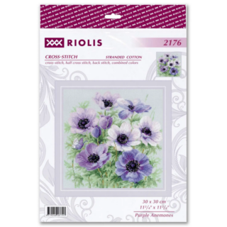 Cross-stitch design of delicate purple and white anemone flowers with a soft green background and a small butterfly.