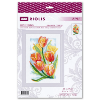 Cross-stitch design featuring a bright bouquet of red and yellow tulips with lush green leaves against a soft blue and yellow background.