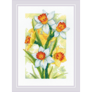 Cross-stitch design of blooming yellow and white daffodils with orange centers surrounded by lush green leaves.