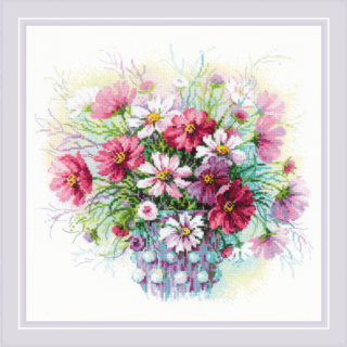 Cross-stitch design showing a bouquet of cosmos flowers in soft pink, white, and purple shades with green leaves, arranged in a watercolor-style vase.