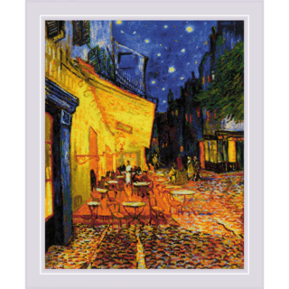 A cross-stitch design inspired by Van Gogh’s Café Terrace at Night, depicting a glowing yellow café, cobblestone street, and starry blue night sky.