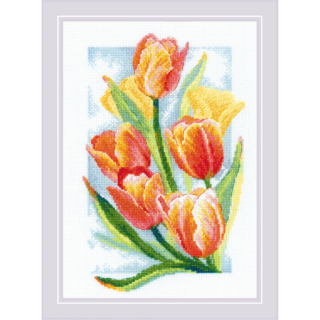 Cross-stitch design featuring a bright bouquet of red and yellow tulips with lush green leaves against a soft blue and yellow background.