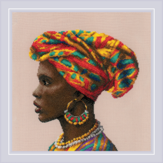 Profile of an African woman with a colorful headwrap, large beaded earrings, and layered necklaces.