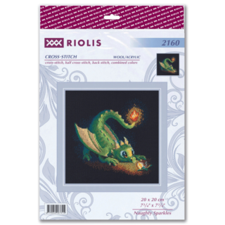 Cross-stitch design of a playful green dragon watching a glowing firefly on a dark background.