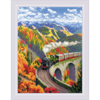 A cross-stitch design of a vintage steam train traveling over a tall stone bridge surrounded by colorful autumn trees and mountain scenery.
