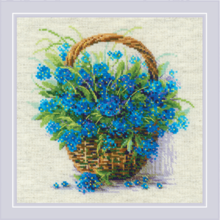 Cross-stitch design of a wicker basket overflowing with vibrant blue forget-me-not flowers with scattered petals around it.