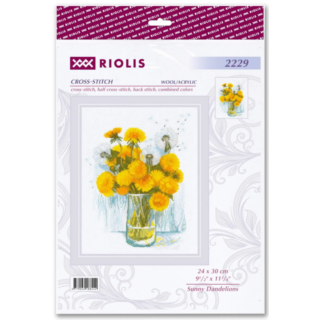 Cross-stitch design featuring a glass vase filled with bright yellow dandelions and fluffy white seed heads on a light background.