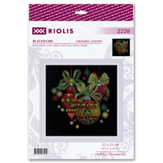 Cross-stitch design with red, green, and gold Christmas ornaments decorated with bows and floral patterns, set against a black background.