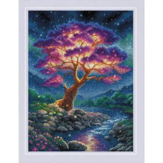 Cross-stitch design of a glowing tree with purple leaves illuminated against a starry night sky, surrounded by mountains, rocks, and a reflective river