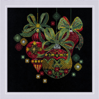 Cross-stitch design with red, green, and gold Christmas ornaments decorated with bows and floral patterns, set against a black background.