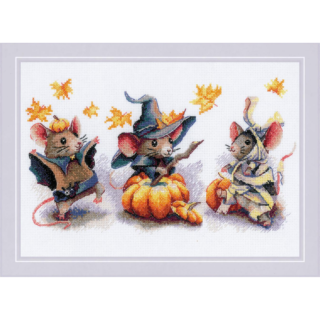 Cross-stitch design of three dressed-up mice for Halloween—one as a bat with a pumpkin hat, one as a witch on a pumpkin, and one as a mummy, surrounded by falling leaves.