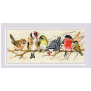 A cross-stitch design of six colorful birds sitting together on a tree branch, including brown, yellow, red, and black-feathered songbirds.