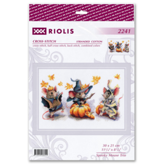Cross-stitch design of three dressed-up mice for Halloween—one as a bat with a pumpkin hat, one as a witch on a pumpkin, and one as a mummy, surrounded by falling leaves.
