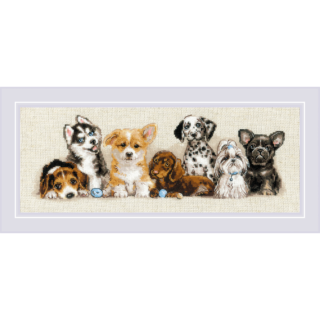 Cross-stitch design featuring seven different puppies sitting in a row, including husky, corgi, dalmatian, dachshund, beagle, shih tzu, and french bulldog.