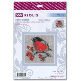 Cross-stitch design of a bullfinch perched on a snowy branch with red berries against a neutral background.