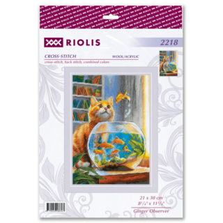 A cross-stitch design of an orange tabby cat curiously watching goldfish swimming in a round fishbowl with plants on a windowsill.