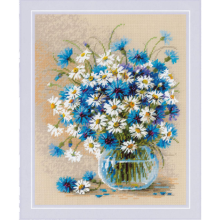 A cross-stitch design of a glass vase filled with white daisies and bright blue cornflowers set against a soft beige background.