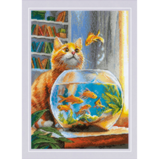 A cross-stitch design of an orange tabby cat curiously watching goldfish swimming in a round fishbowl with plants on a windowsill.