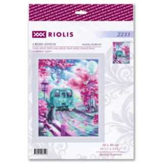 Cross-stitch design showing a turquoise train moving along tracks lined with pink cherry blossoms, a black cat watching nearby, and lanterns hanging in the breeze.