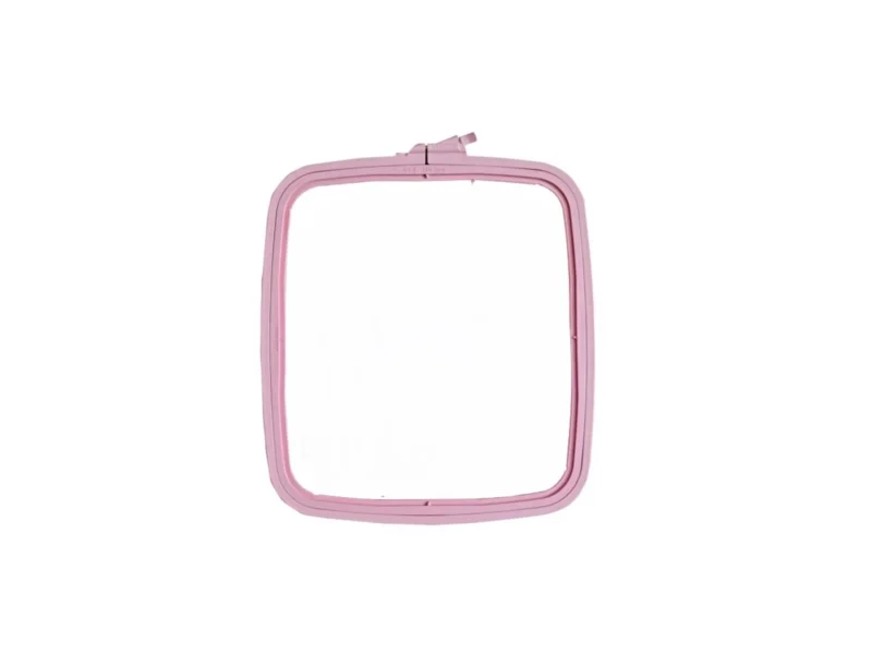 Square pink plastic embroidery hoops in four sizes, designed to hold and display finished cross stitch and embroidery projects.