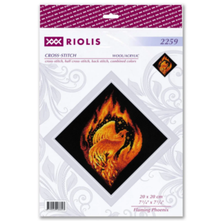 A fiery phoenix rising from bright orange flames against a black background in the 2259 Flaming Phoenix Cross-Stitch Kit from RIOLIS.